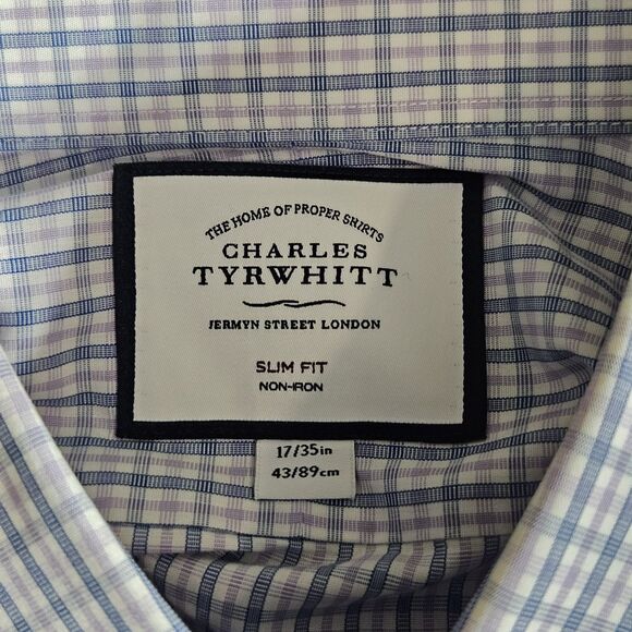CHARLES TYRWHITT Sz 17.5-35 Dress Shirt NON-IRON Blue Purple Check French Cuffs - Picture 3 of 6